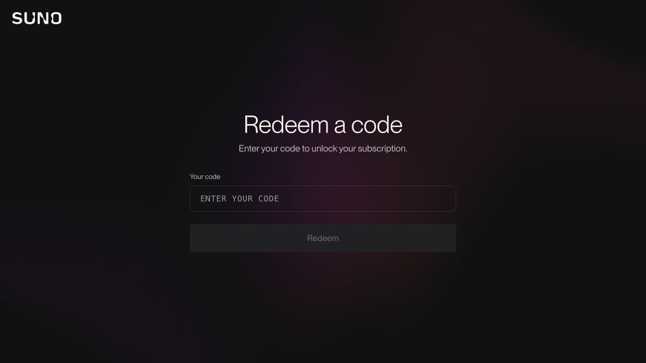 Suno redemption page with a field for entering your code and a Redeem button